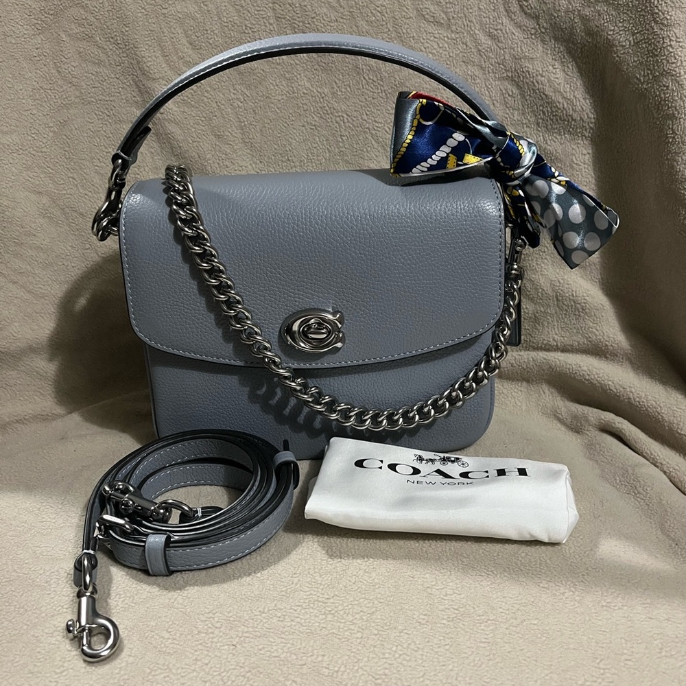 Coach Cassie 19 Silver/Blue Grey Polished Pebbled Leather Crossbody Handbag New